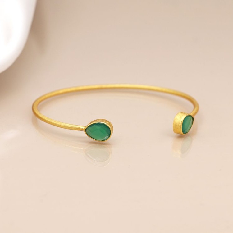 14K Gold Plated Green Onyx Teardrop Bangle
