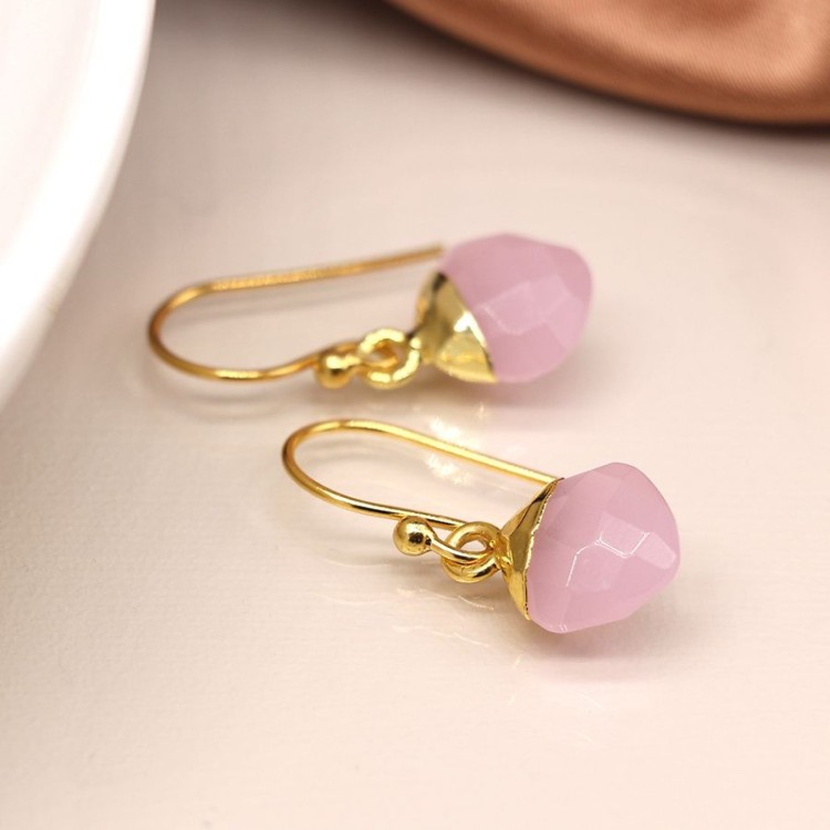 14K Gold Plated Pink Glass Drop Earrings