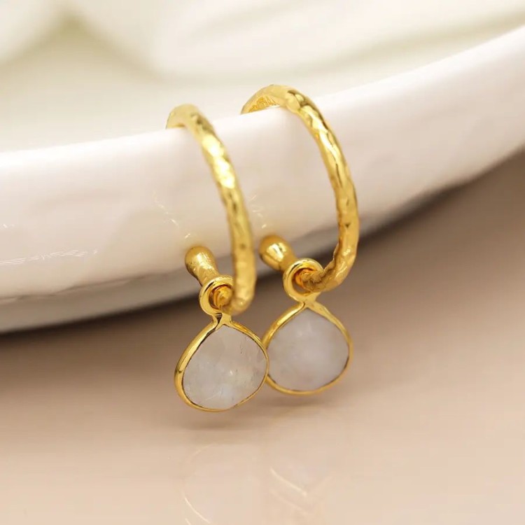14k Gold Plated Textured Hoop Moonstone Drop Earrings