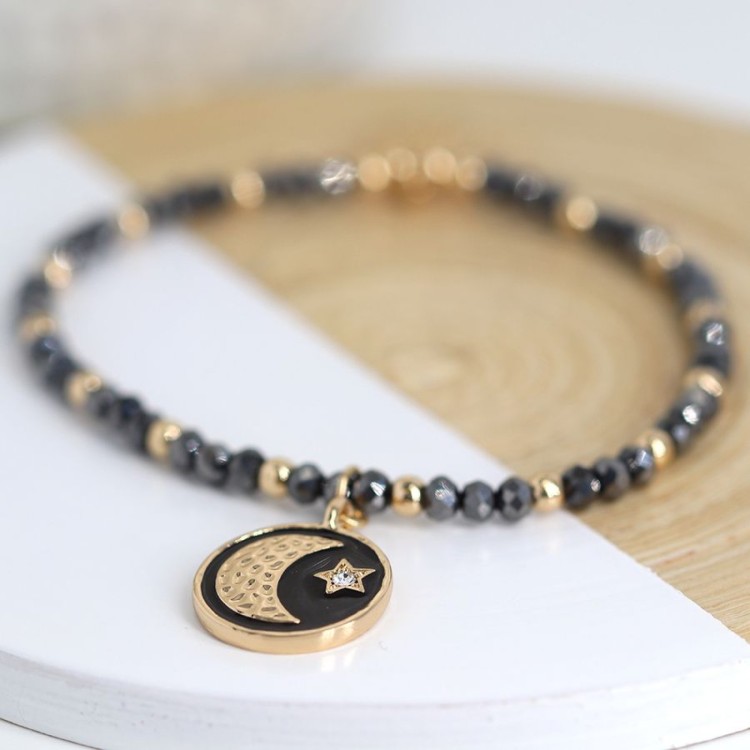 Black and gold, star and moon enamel disc bracelet