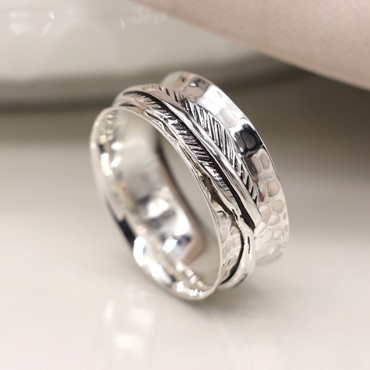 Fine Band Sterling Silver Feather Spinning Ring