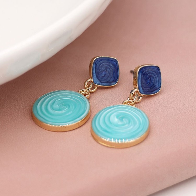 Golden blue mix epoxy double shape earrings