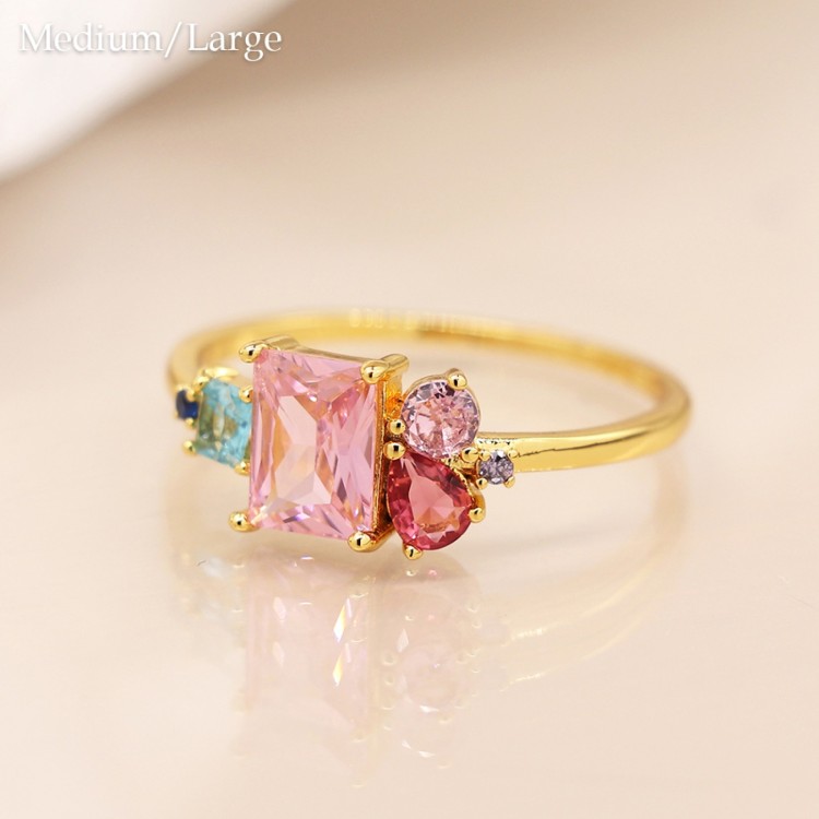 Golden multi rectangular crystal cluster ring