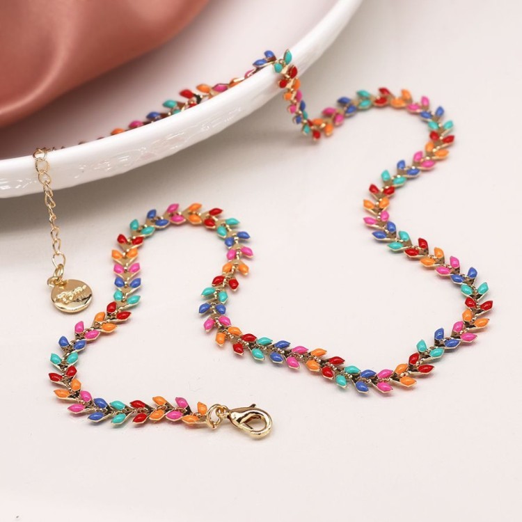 Golden multicoloured leaf droplet necklace