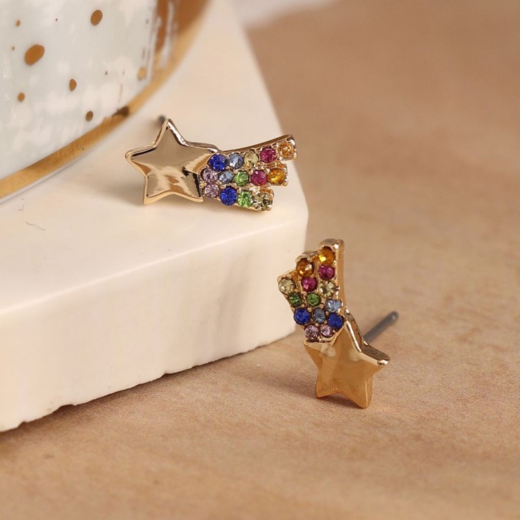 Golden shooting star earrings with rainbow crystals