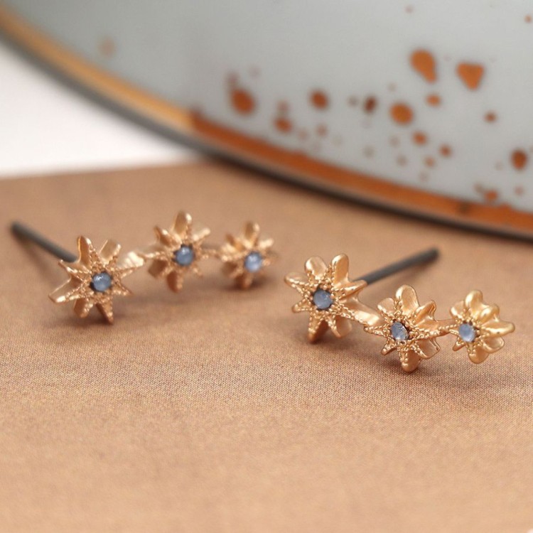 Golden triple star earrings with blue crystals