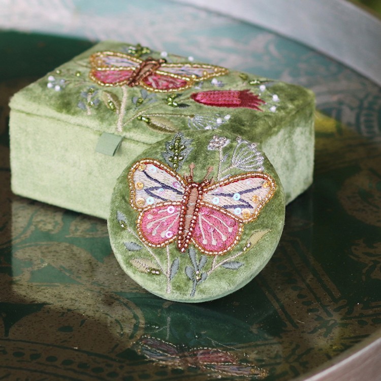 Green Velvet Embellished Butterfly Compact Mirror