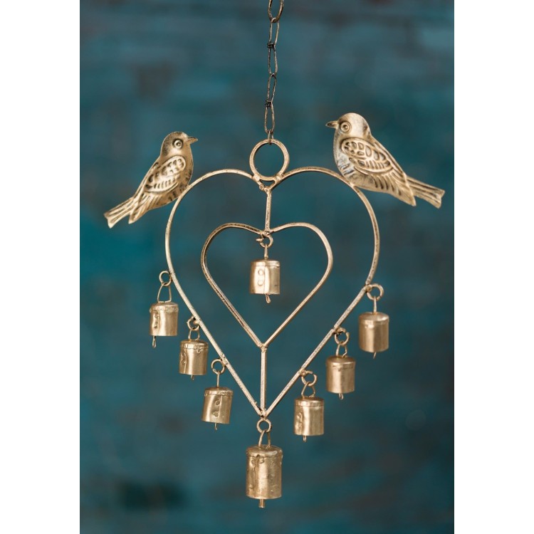 Heart Windchime With Birds & Bells 