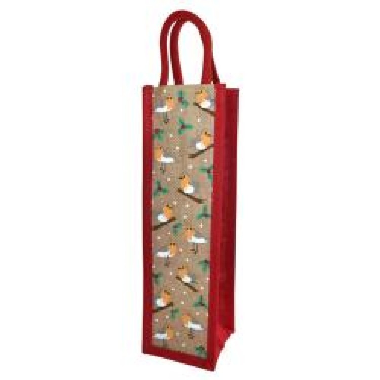Jute shopper or Christmas bottle gift bag, robins design 10cm x 10cm x36cms 