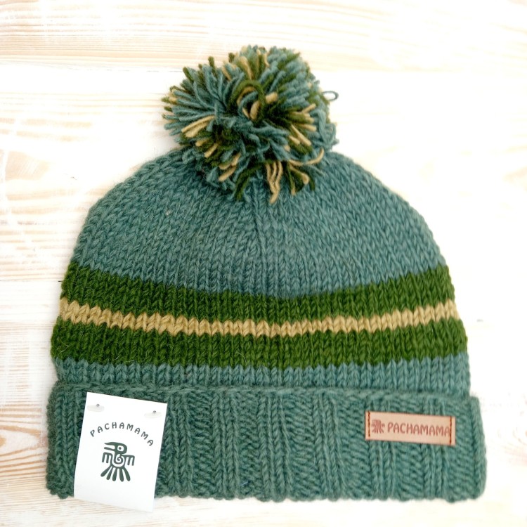 Pachamama Retro Stripe Bobble Beanie - Forest