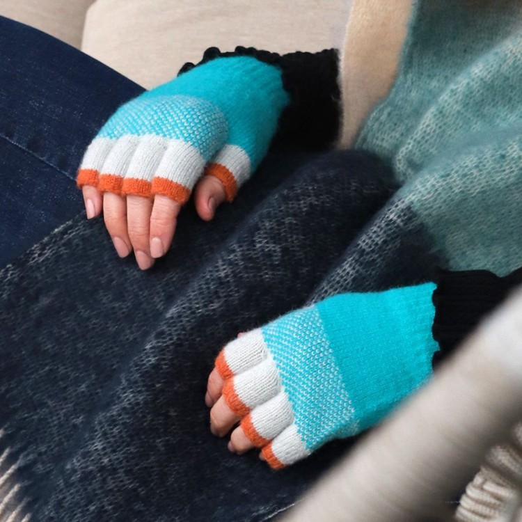 Pom Aqua and orange fingerless gloves 