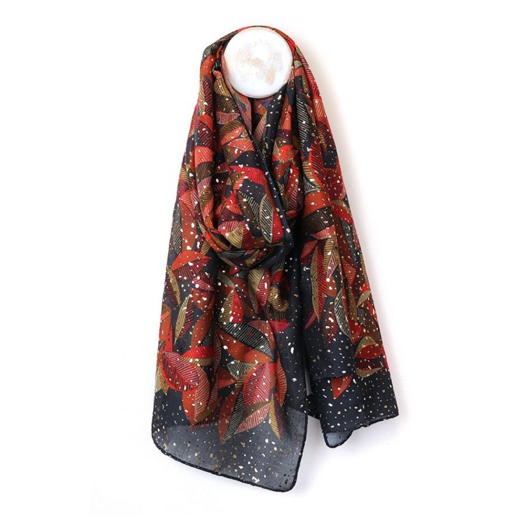 Pom Navy And Red Mix Leaf Print Recycled Polyester Scarf with Foil Overlay
