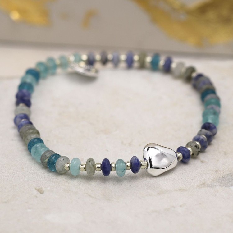 Pom Blue mix bead bracelet with silver plated pebble