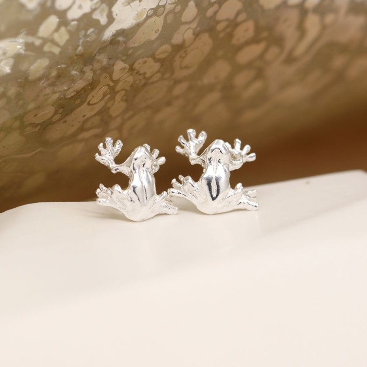 Pom Hand crafted sterling silver dainty tree frog stud earrings