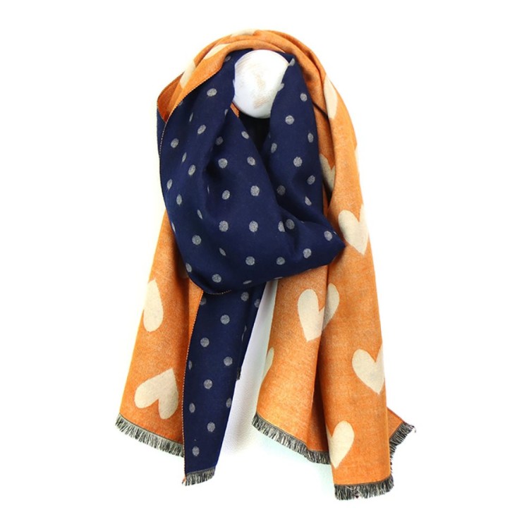pom navy & orange reversible dot and heart scarf
