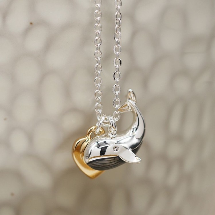 Pom Silver Plated And Grey Enamel Whale Necklace