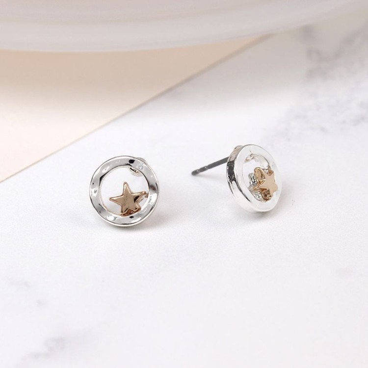Pom Silver Plated Beaten Disc Rose Gold Star Earrings