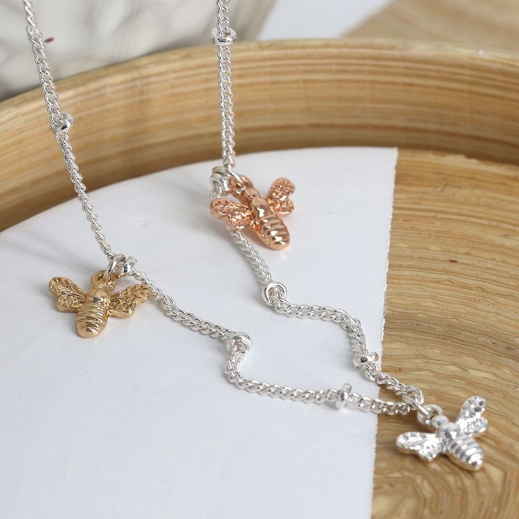Pom Silver Plated Bee Charms Necklace 