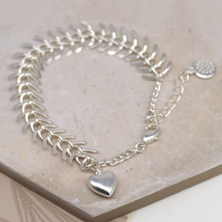 Pom Silver plated chevron link bracelet with heart charm
