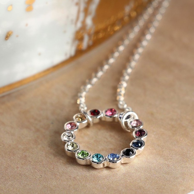 Pom Silver Plated Circle and Rainbow Crystals Necklace