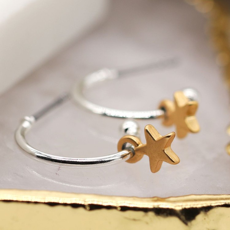 Pom Silver plated hoop stud earrings with matt golden star