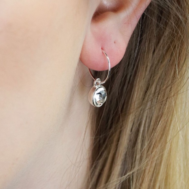 Pom Silver Plated Hoops With Round Crystal Drop Earrings