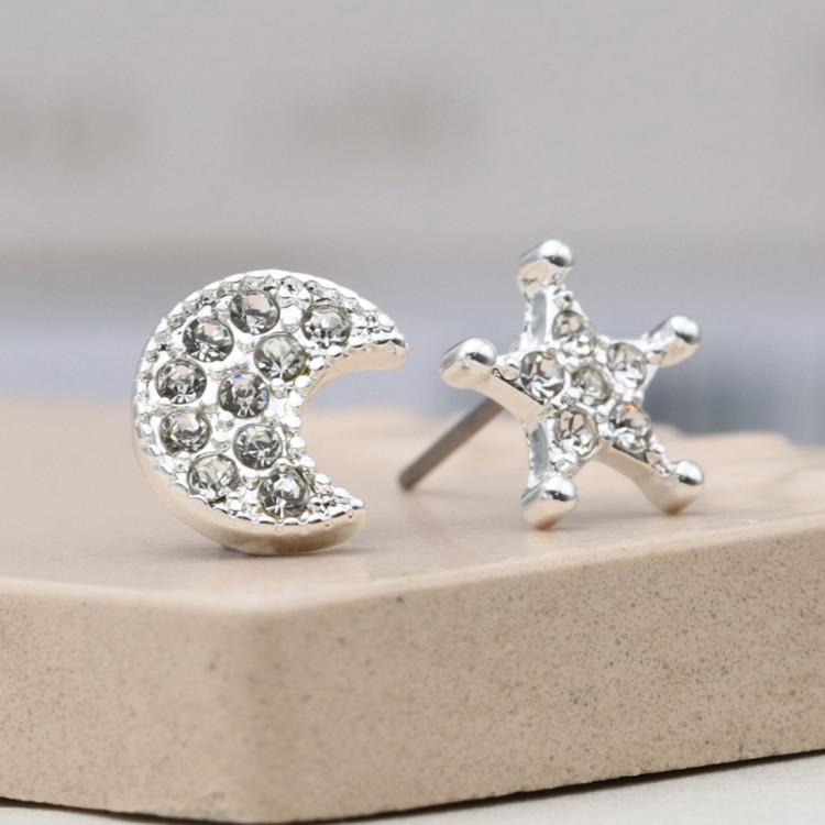 Pom Silver plated mismatched crystal star and moon earrings