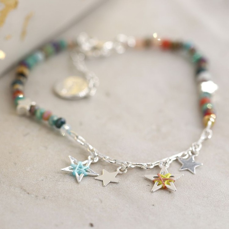 Pom Silver plated mix bead bracelet with threaded stars