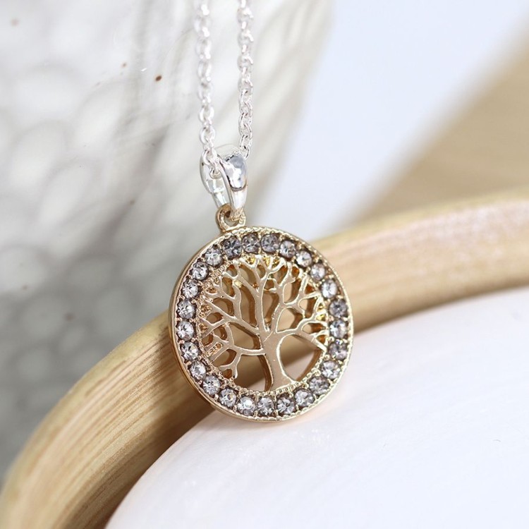 Pom Silver Plated Necklace with Golden Tree of Life in Crystal Circle