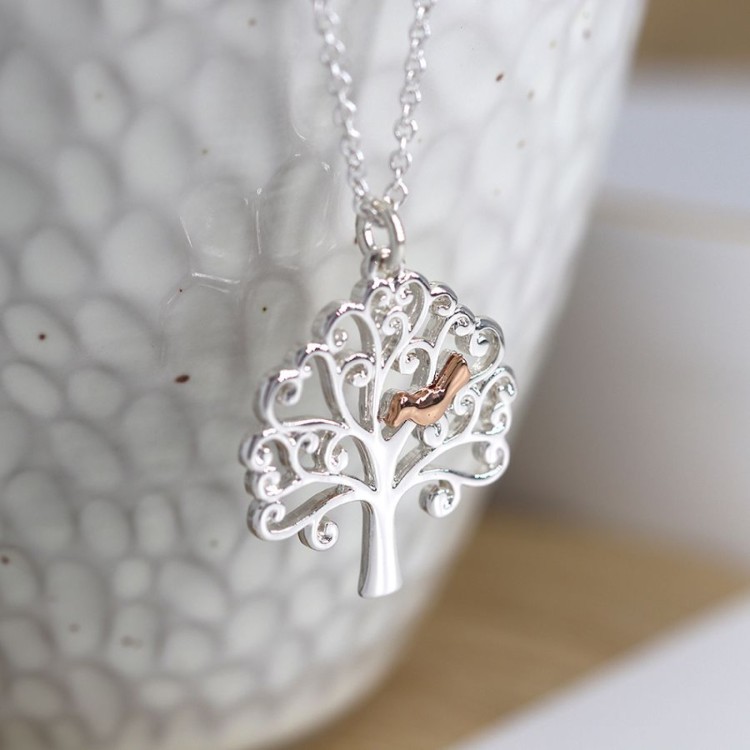 Pom Silver Plated Necklace with Tree of Life and Rose Gold Bird