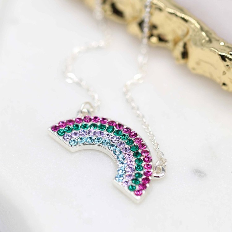 Pom Silver plated pink and green crystal rainbow necklace