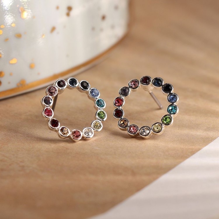 Pom Silver Plated Rainbow Crystal Circle stud earrings