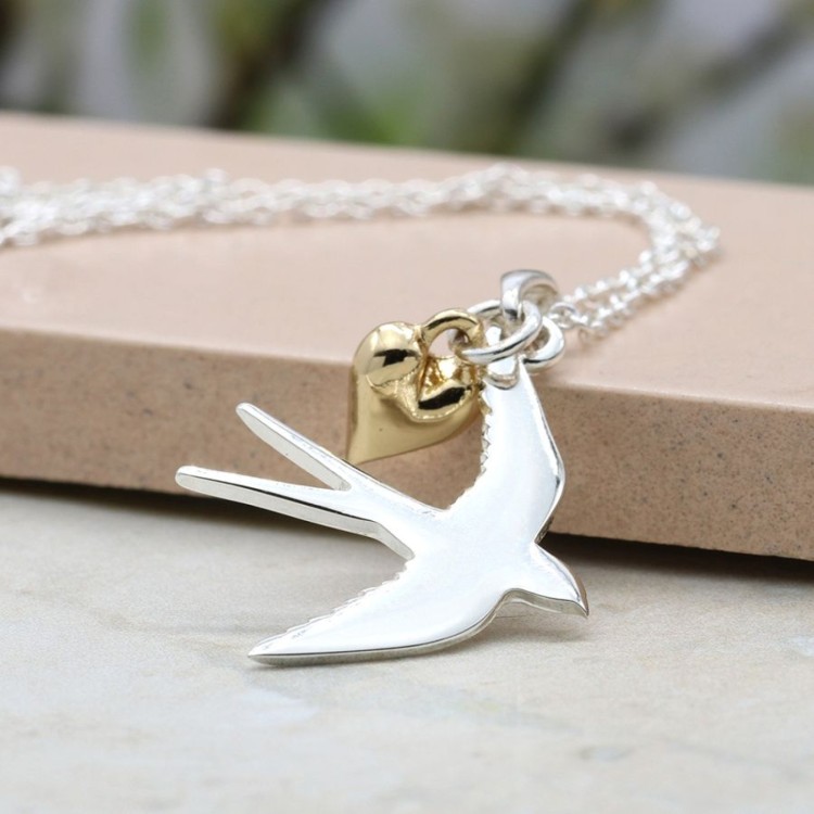 Pom Silver Plated Swallow Necklace With Golden Heart