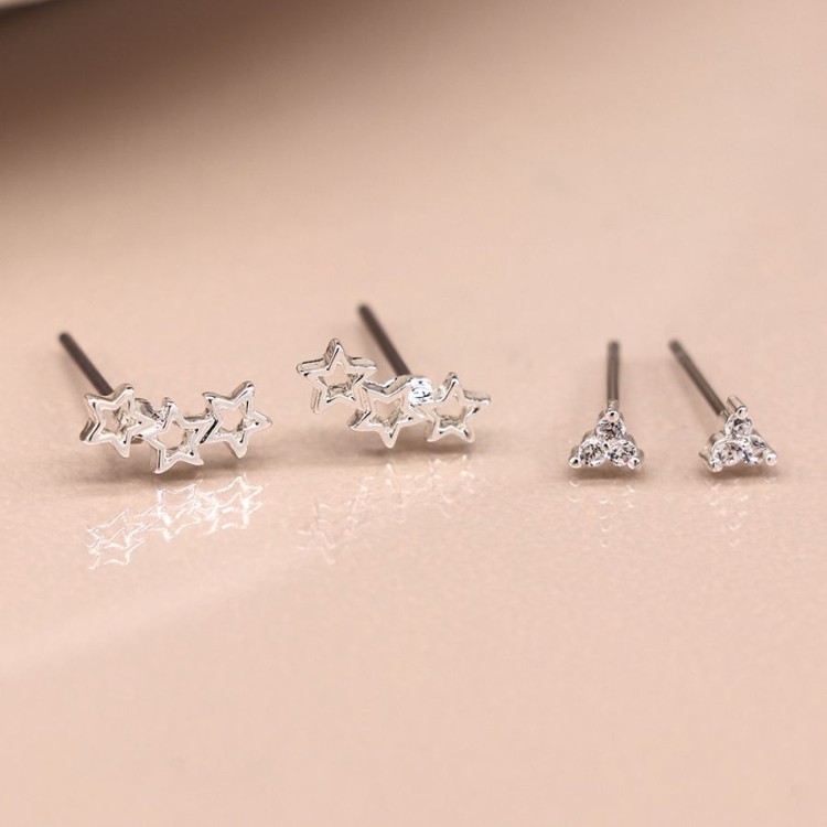 Pom Silver plated triangle and triple star earring duo