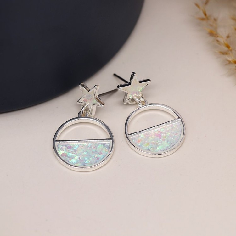 Pom Silver plated white opalite half circle and star earring