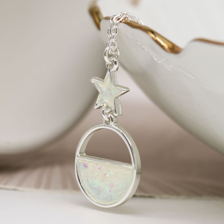 Pom Silver plated white opalite half circle and star necklace