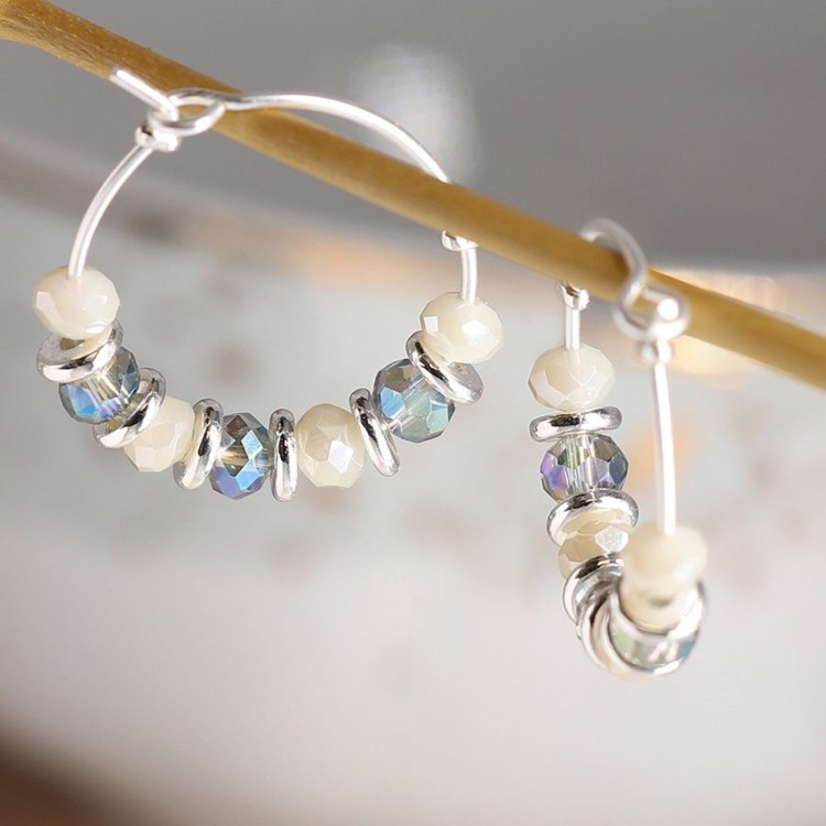 Pom Silver Plated Wire Hoop and Blue bead earrings