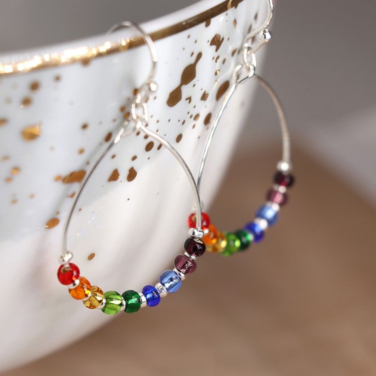Pom Silver plated wire teardrop earrings with rainbow beads