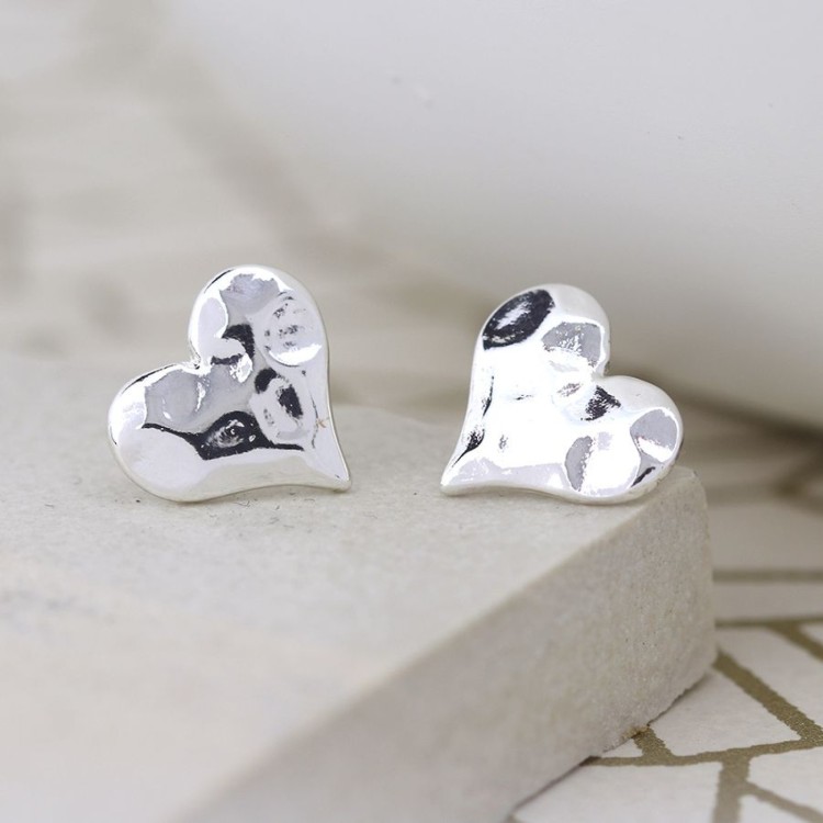 Pom Silver plated Hammered Heart Stud Earrings