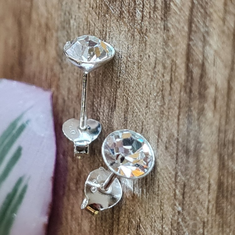 Pom Sterling Silver Clear Crystal Round Stud Earrings