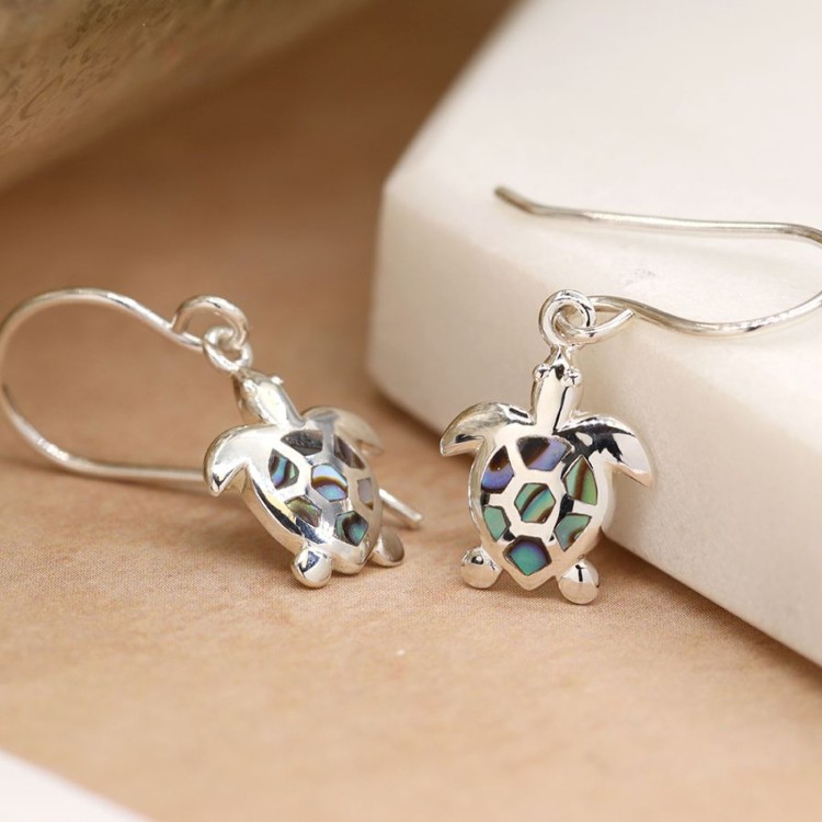 Pom Sterling silver drop earrings with sea turtles inset with Paua shell 