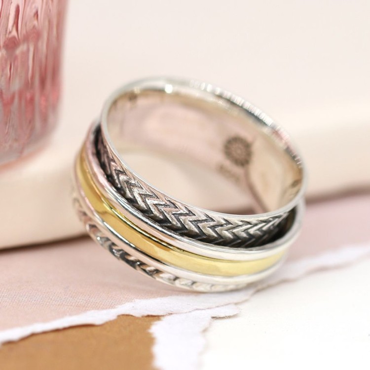 Pom Sterling silver zig-zag spinning ring with mixed bands