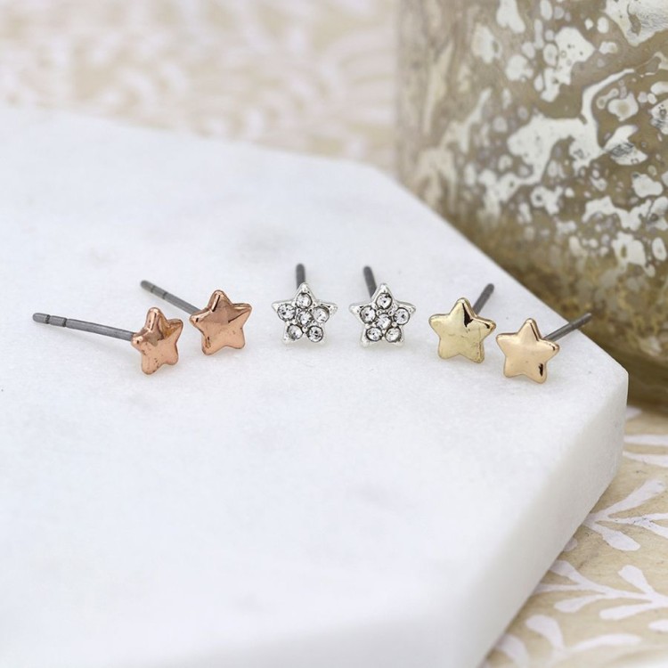 Pom Triple star rose gold, silver and crystal earring set