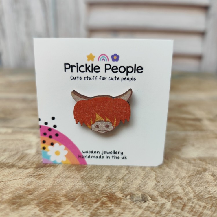 Prickle People Mini Wooden Highland Cow Brooch Pin