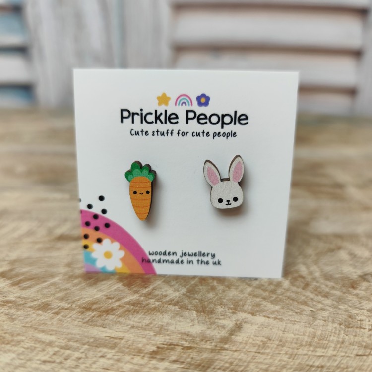 Prickle People Wooden Stud Earings - Bunny & Carrot