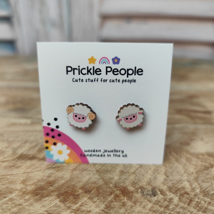 Prickle People Wooden Stud Earings - Cute Sheep