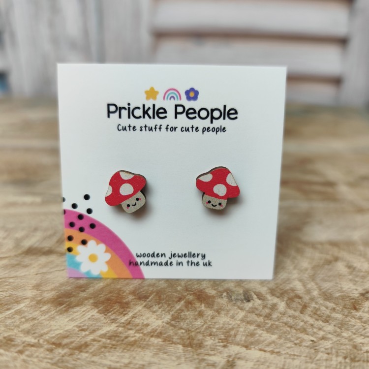 Prickle People Wooden Stud Earings - Mushroom