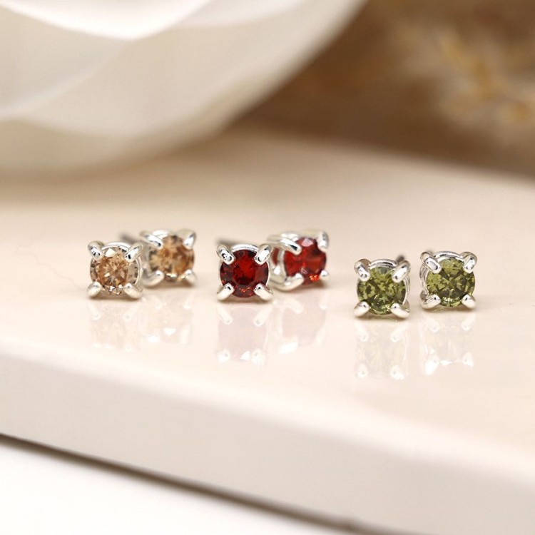 Red, green, yellow mix triple crystal stud earring set
