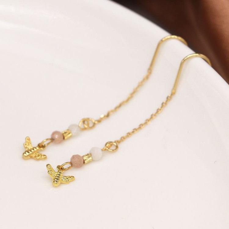 Semi precious bead, golden bee and chain earrings