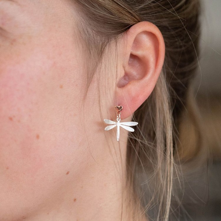 Silver and rose gold plated heart dragonfly drop earrings